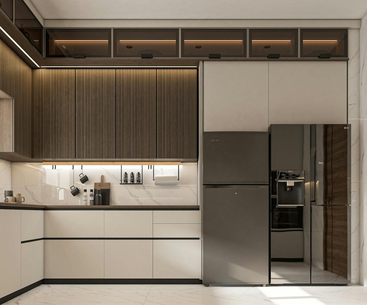 Sleek modern kitchen with polished cabinetry and stainless steel appliances.